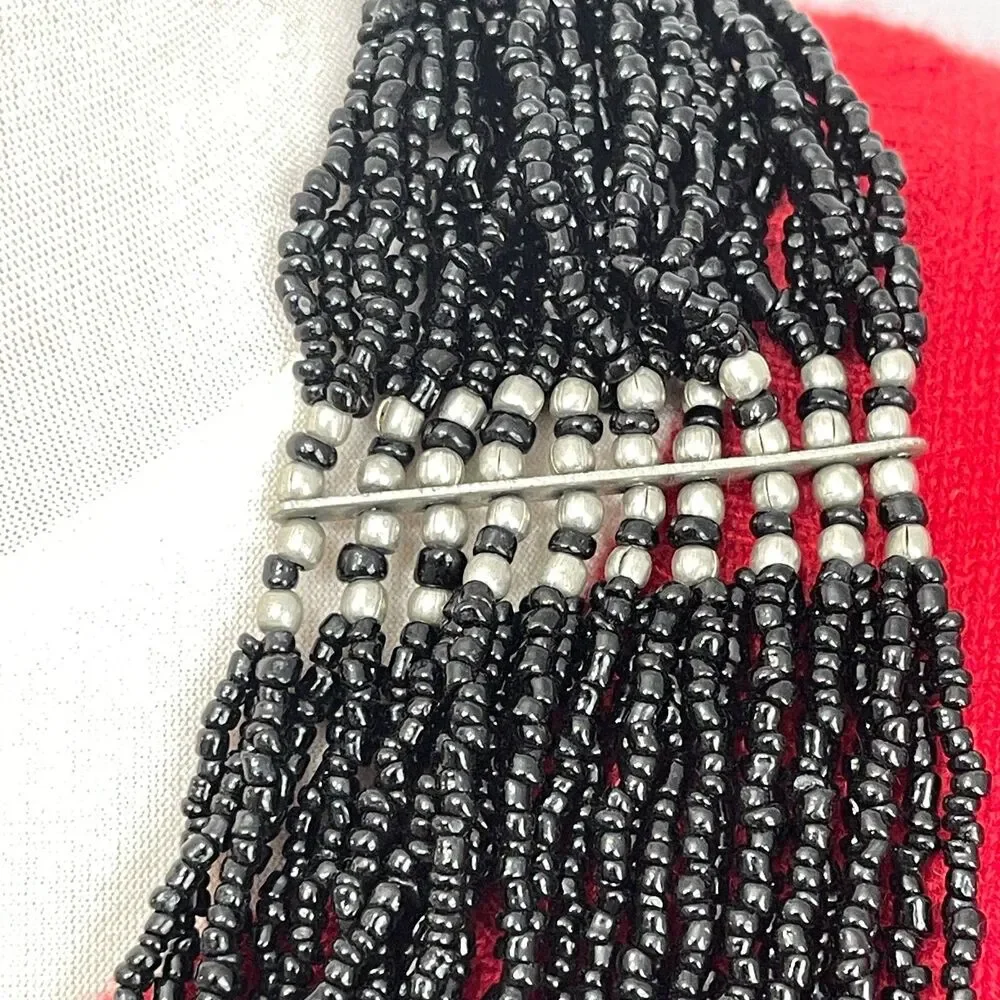 Black‎ Seed Beads Beaded Silver-tone Multi-strands Women's Fashion Necklace